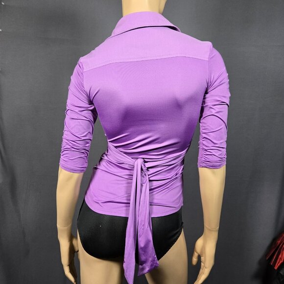 Y2K Zip Up Tie Back Blouse Office Siren Whimsigoth Size S Purple Fitted Ruched - Picture 9 of 13